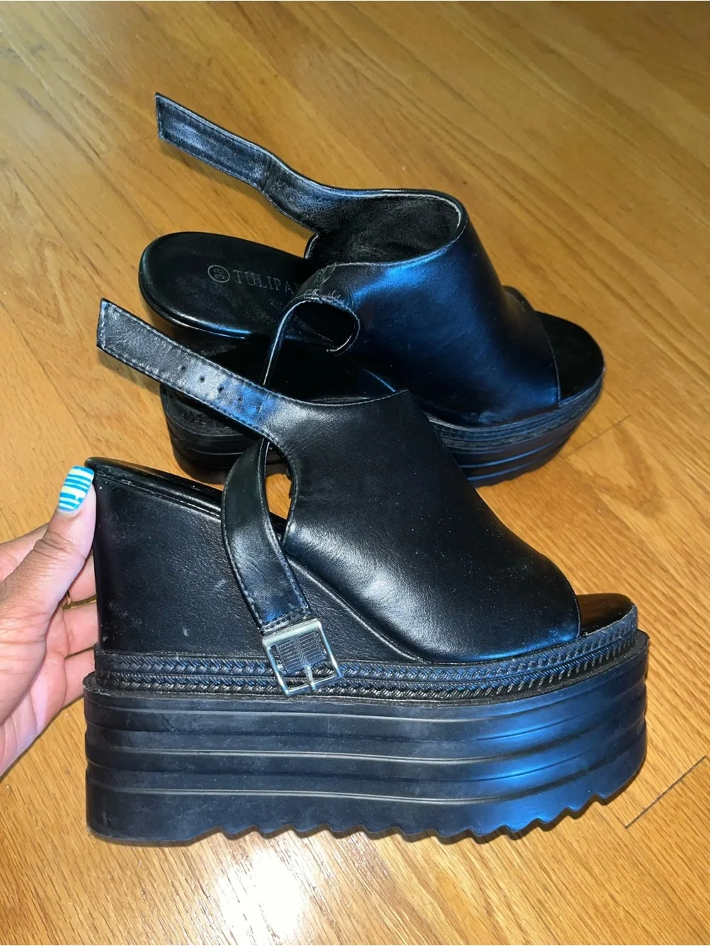 Black Platform Wedge Slingback Sandals